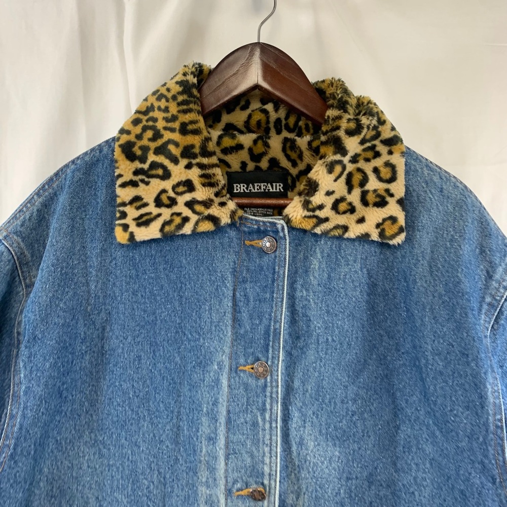 Braefair Denim Jacket Womens 1X Blue Leopard Faux Fur Lined Chore Coat Vintage - Picture 2 of 12